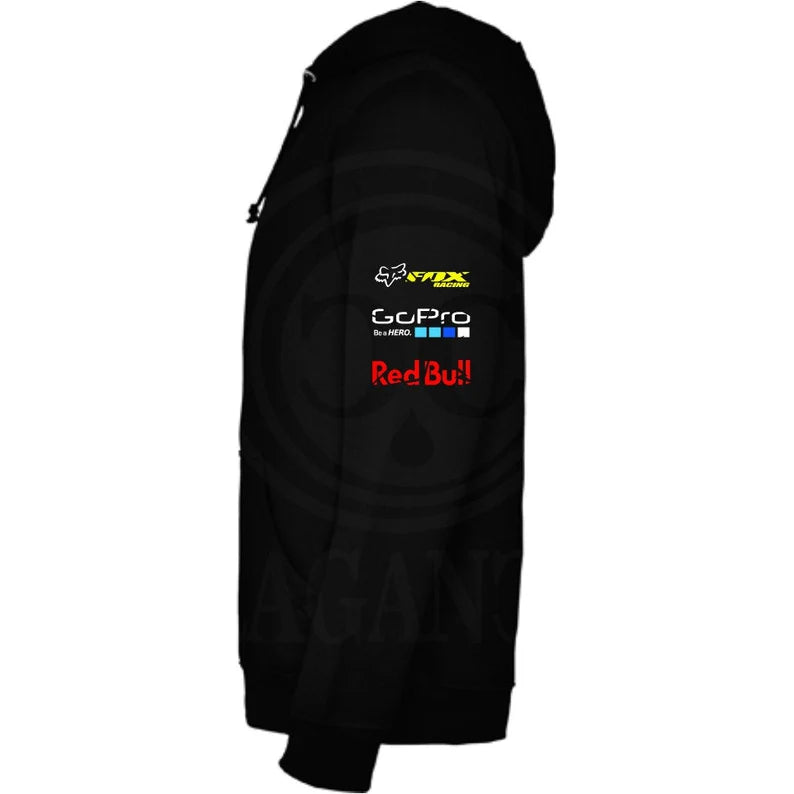 Black hoodie with kangaroo pocket, printed logos, and optional personalized name for bikers. Model HD.1
