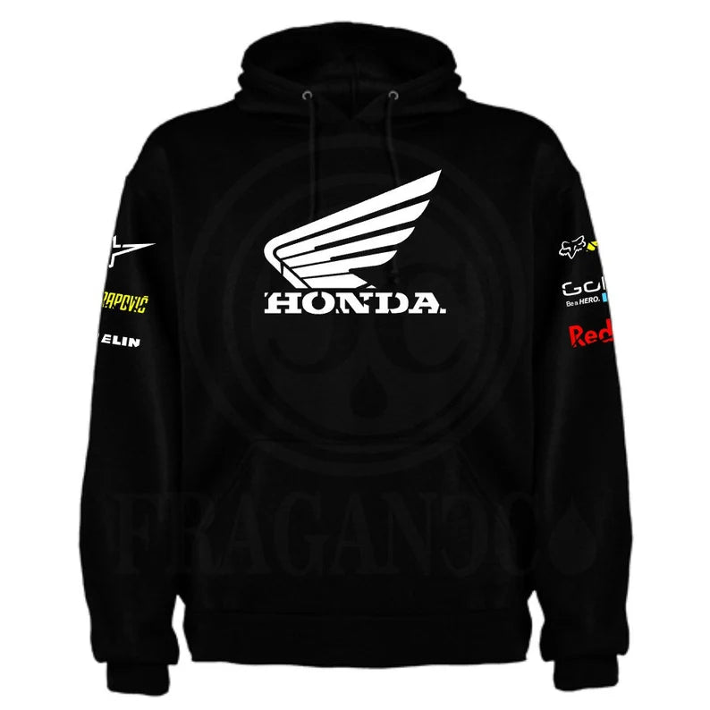 Black hoodie with kangaroo pocket, printed logos, and optional personalized name for bikers. Model HD.1