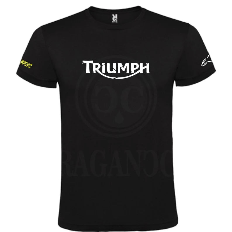 Black T-shirt for men or women, with printed logos and optional personalized name on the back. Ideal for bikers, male and female. Model th.1