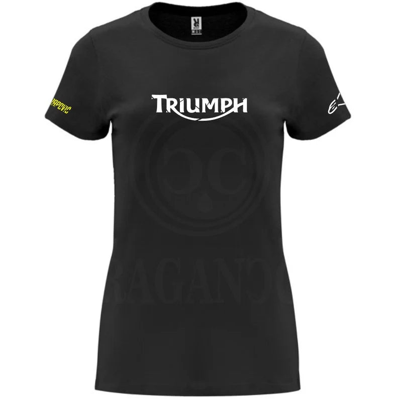 Black T-shirt for men or women, with printed logos and optional personalized name on the back. Ideal for bikers, male and female. Model th.1