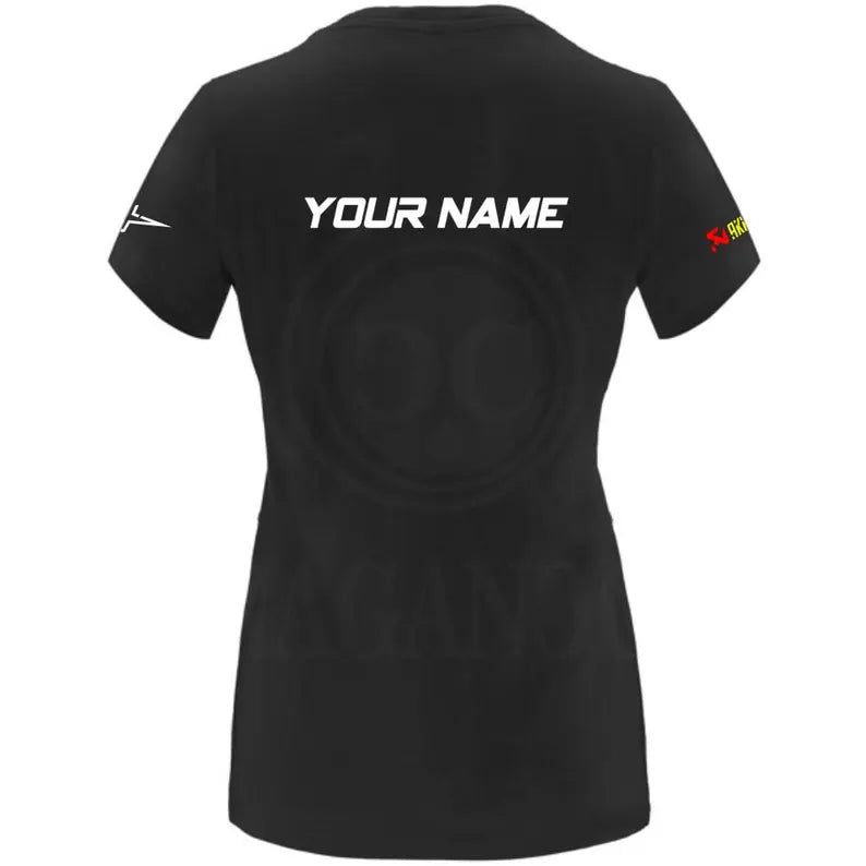 Black T-shirt for men or women, with printed logos and optional personalized name on the back. Ideal for bikers, male and female. Model th.1