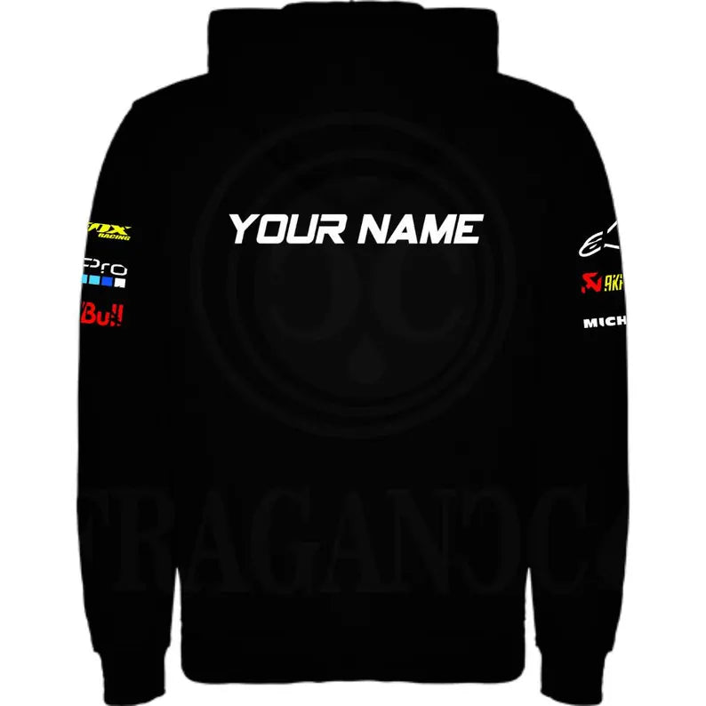 Black hoodie with kangaroo pocket, printed logos, and optional personalized name for bikers. Model HD.1