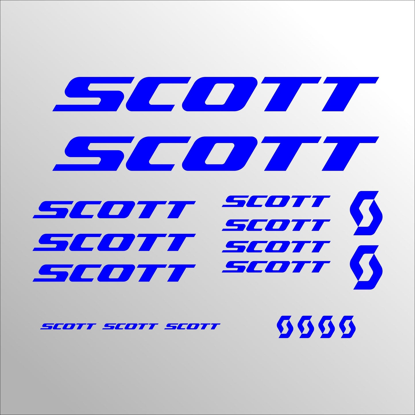 Set mit 18 Logo-Scott-Mountainbike-Aufklebern. Selbstklebender Sportaufkleber für das Fahrrad