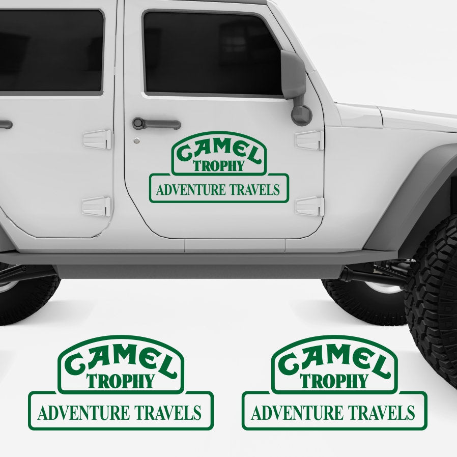Kit 2 Pcs Camel Trophy Adventure Graphics Cut Vinyl Stickers | Travels Camel trophy 4x4 Monocolor Decals For Bike, Car, Truck SUV Trailer both Side Body