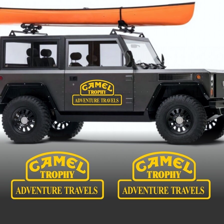 Kit 2 Pcs Camel Trophy Adventure Graphics Cut Vinyl Stickers | Travels Camel trophy 4x4 Monocolor Decals For Bike, Car, Truck SUV Trailer both Side Body