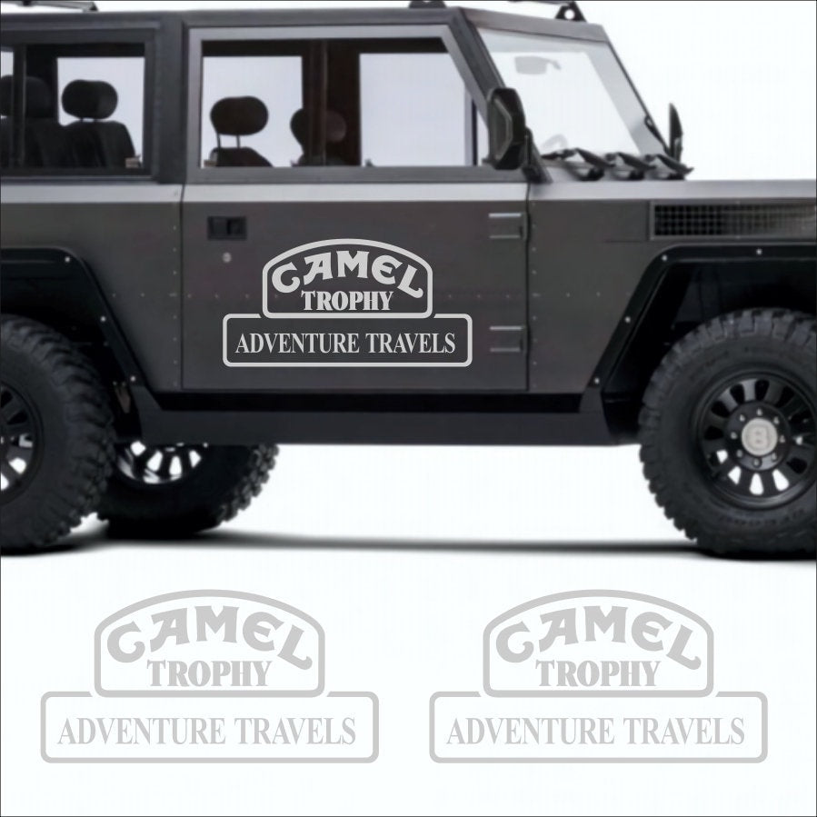 Kit 2 Pcs Camel Trophy Adventure Graphics Cut Vinyl Stickers | Travels Camel trophy 4x4 Monocolor Decals For Bike, Car, Truck SUV Trailer both Side Body