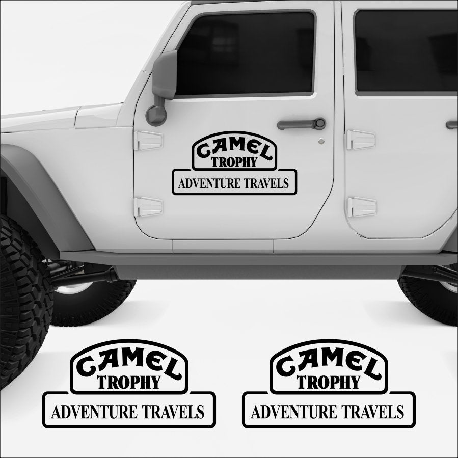 Kit 2 Pcs Camel Trophy Adventure Graphics Cut Vinyl Stickers | Travels Camel trophy 4x4 Monocolor Decals For Bike, Car, Truck SUV Trailer both Side Body