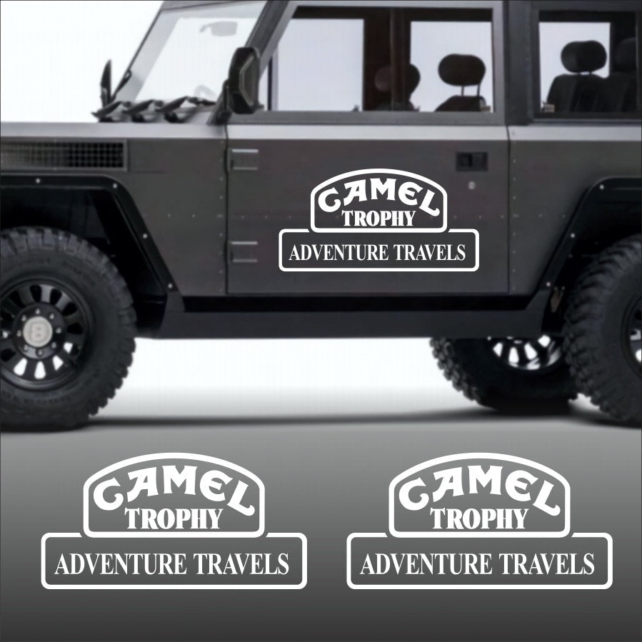 Kit 2 Pcs Camel Trophy Adventure Graphics Cut Vinyl Stickers | Travels Camel trophy 4x4 Monocolor Decals For Bike, Car, Truck SUV Trailer both Side Body