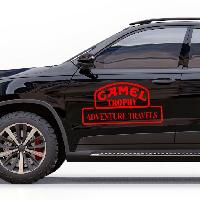 Kit 2 Pcs Camel Trophy Adventure Graphics Cut Vinyl Stickers | Travels Camel trophy 4x4 Monocolor Decals For Bike, Car, Truck SUV Trailer both Side Body