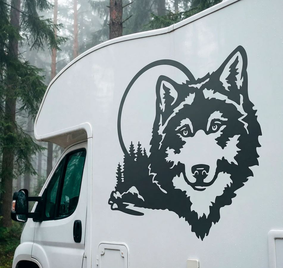 Set 2 Pcs Caravan Wolf in the forest Graphics Decals | Both Sides Camper Van Offroad Caravan Car Decoration Decals | Nature Adhesive Vinyl