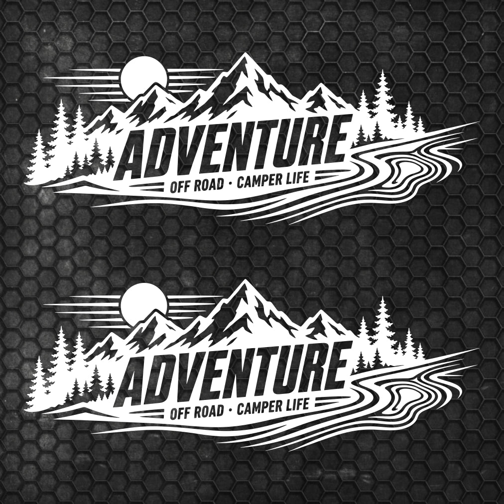 Set 2 Pcs Car Van Mountains Landscape Trees and River Graphics Both Sides Stripes Decal. Forest Van Car Camper Bus Trailer Camping adhesives