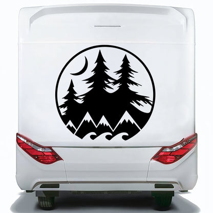 Set 2 Pcs Camper Van with Mountains Trees and Moon Sticker Decals | Nature Theme Decor Vehicle Decal | Motorhome Offroad Adhesive Vinyl wrap