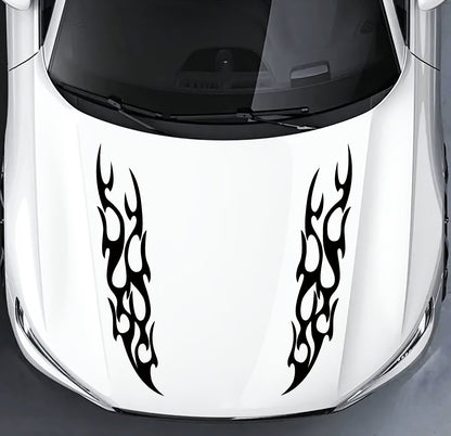 Set 2 Pcs Racing Flames Fire Decal Hood Decals Vinyl Style Car Van Motorbike sticker. Both Sides Dual Stripes Graphics Sport Decal wrap
