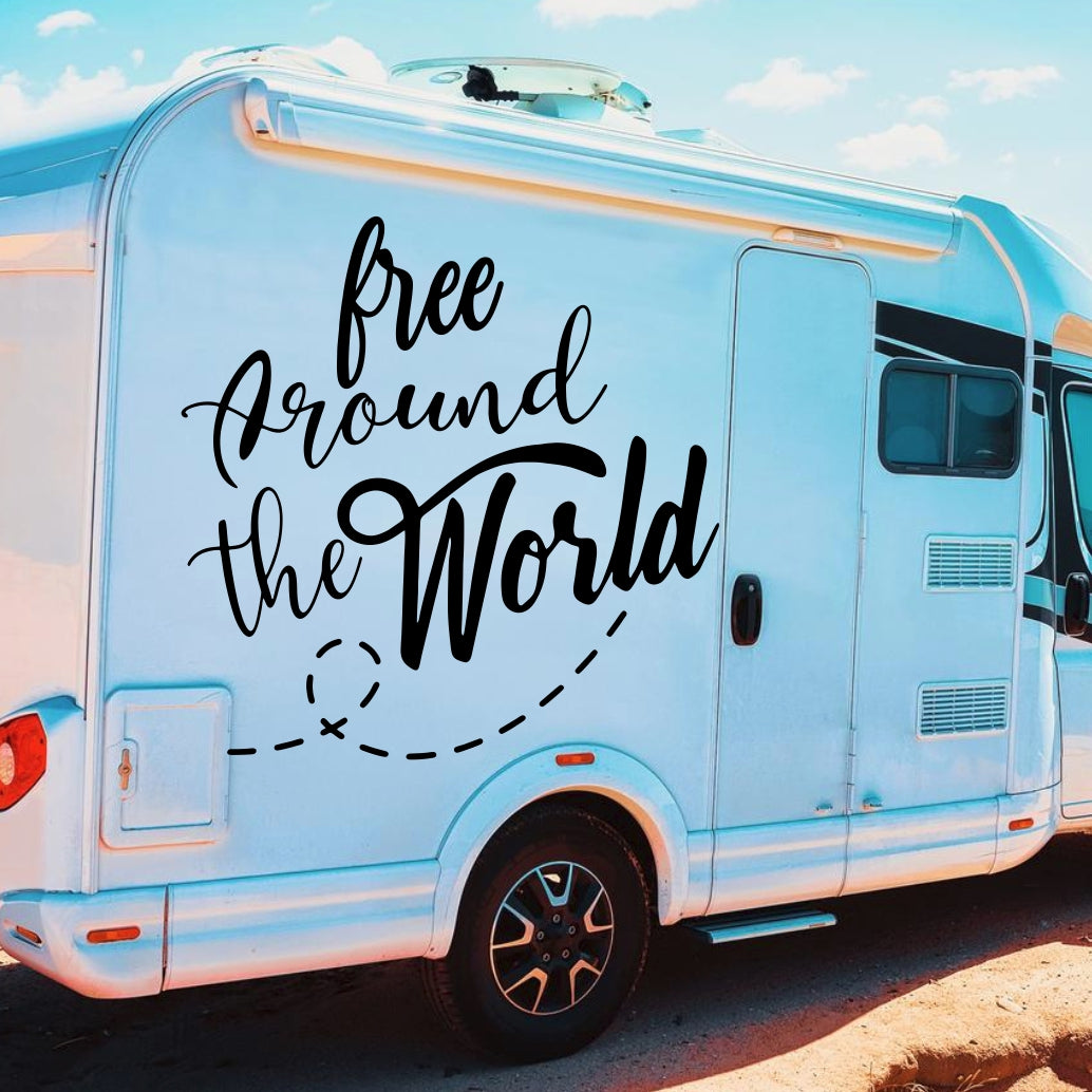 Set 2 Pcs Free Around the World Graphics Decals both sides | Camper Van Caravan Car Quote Decor Decals Kit | Motorhome Adhesive Decor Vinyl