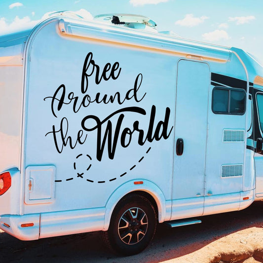 Set 2 Pcs Free Around the World Graphics Decals both sides | Camper Van Caravan Car Quote Decor Decals Kit | Motorhome Adhesive Decor Vinyl