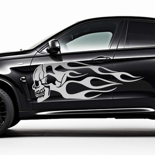 Set 2 Pcs High Quality Car Motorcycle Stickers | Motorcycle Oil Tank Stickers | Car Van Flame Skull Both Sides Decals Decor Accessories wrap
