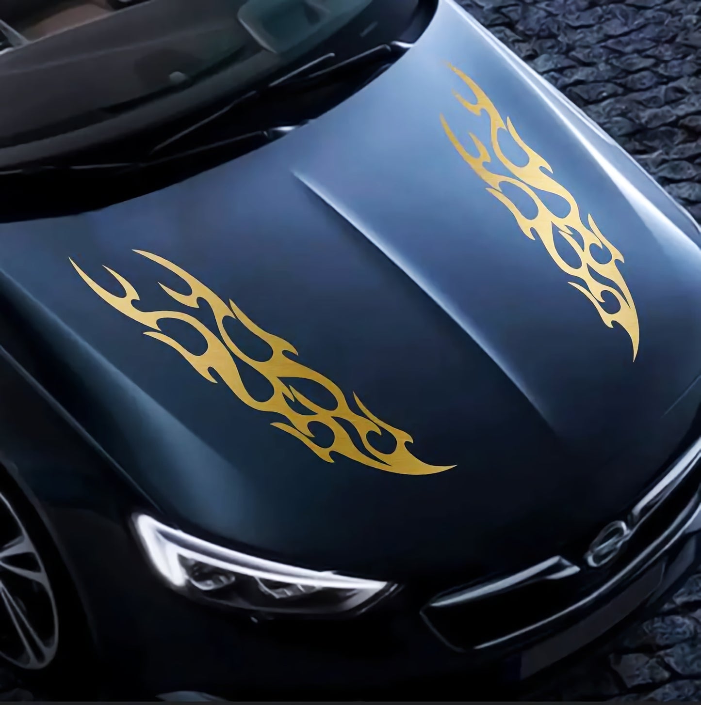 Set 2 Pcs Racing Flames Fire Decal Hood Decals Vinyl Style Car Van Motorbike sticker. Both Sides Dual Stripes Graphics Sport Decal wrap