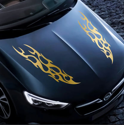 Set 2 Pcs Racing Flames Fire Decal Hood Decals Vinyl Style Car Van Motorbike sticker. Both Sides Dual Stripes Graphics Sport Decal wrap