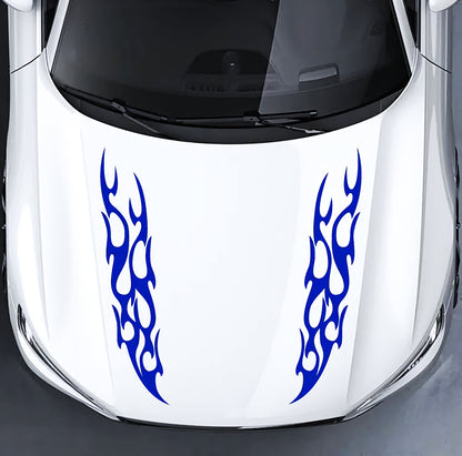 Set 2 Pcs Racing Flames Fire Decal Hood Decals Vinyl Style Car Van Motorbike sticker. Both Sides Dual Stripes Graphics Sport Decal wrap