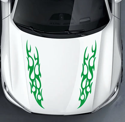 Set 2 Pcs Racing Flames Fire Decal Hood Decals Vinyl Style Car Van Motorbike sticker. Both Sides Dual Stripes Graphics Sport Decal wrap