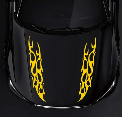 Set 2 Pcs Racing Flames Fire Decal Hood Decals Vinyl Style Car Van Motorbike sticker. Both Sides Dual Stripes Graphics Sport Decal wrap