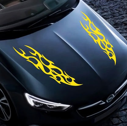 Set 2 Pcs Racing Flames Fire Decal Hood Decals Vinyl Style Car Van Motorbike sticker. Both Sides Dual Stripes Graphics Sport Decal wrap