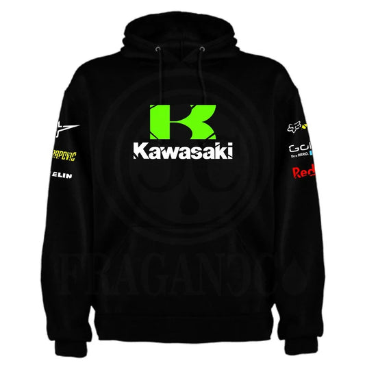 Black hoodie with kangaroo pocket, printed logos, and optional personalized name for bikers. Model kk.1