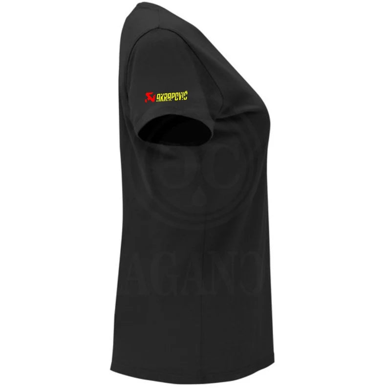 Black T-shirt for men or women, with printed logos and optional personalized name on the back. Ideal for bikers, male and female. Model th.1
