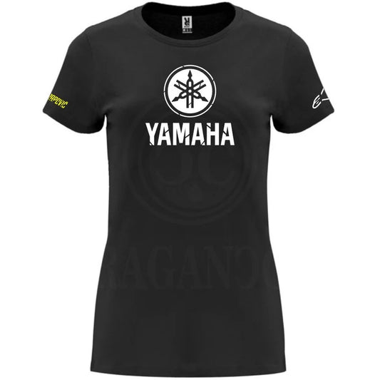 Black T-shirt for men or women, with printed logos and optional personalized name on the back. Ideal for bikers, male and female. Model yh.1