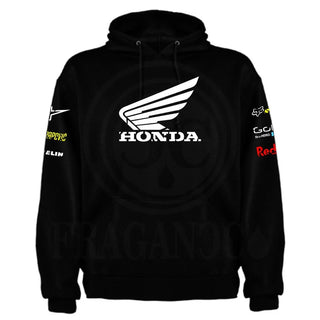 Black hoodie with kangaroo pocket, printed logos, and optional personalized name for bikers. Model HD.1