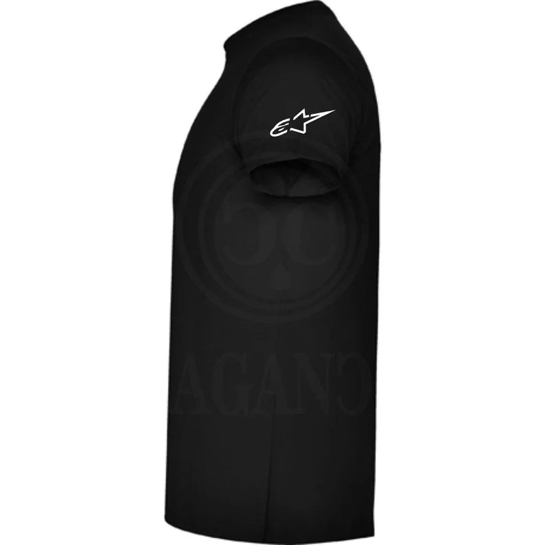 Black T-shirt for men or women, with printed logos and optional personalized name on the back. Ideal for bikers, male and female. Model th.1