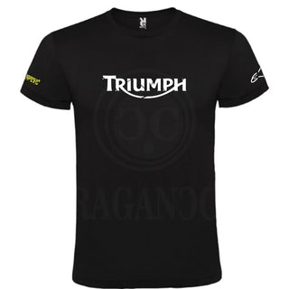 Black T-shirt for men or women, with printed logos and optional personalized name on the back. Ideal for bikers, male and female. Model th.1