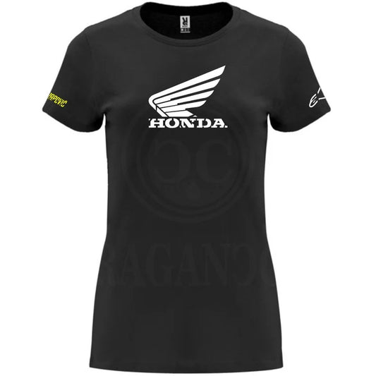 Black T-shirt for men or women, with printed logos and optional personalized name on the back. Ideal for bikers, male and female. Model HD.1