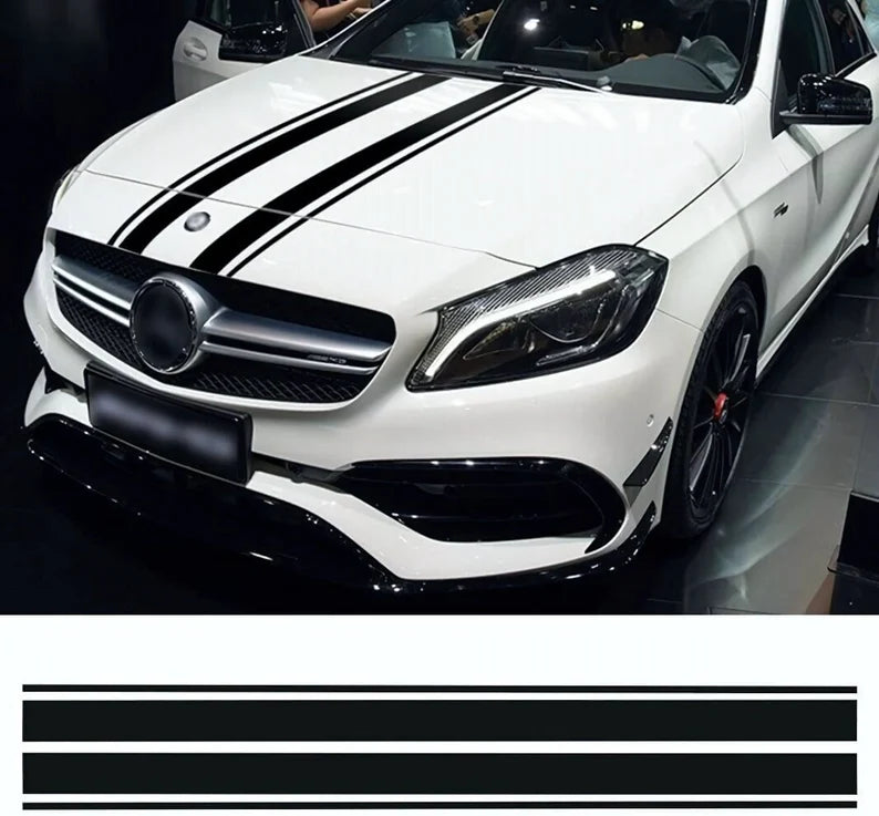 Set 2 Pcs Racing Hood Decal Black Stripes Sticker sport racing decals. Style Bonnet Stripe Wrap Graphics