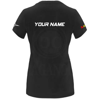 Black T-shirt for men or women, with printed logos and optional personalized name on the back. Ideal for bikers, male and female. Model th.1