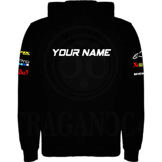 Black hoodie with kangaroo pocket, printed logos, and optional personalized name for bikers. Model HD.1