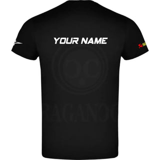 Black T-shirt for men or women, with printed logos and optional personalized name on the back. Ideal for bikers, male and female. Model th.1