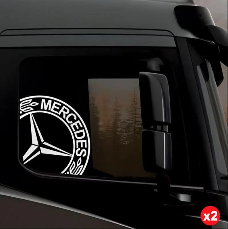 Set 2 Pcs Mercedes Emblem Graphics Decal Stickers | Premium Kit Mercedes Logo Sticker for Both Sides Big Trucks, Van and Car Stickers vinyl