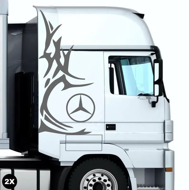 Set 2 Pcs Mercedes Corner Sides Decal Sticker | Premium Kit Mercedes Logo Tribal Style Sticker for Both Sides Big Trucks, Van Adhesives
