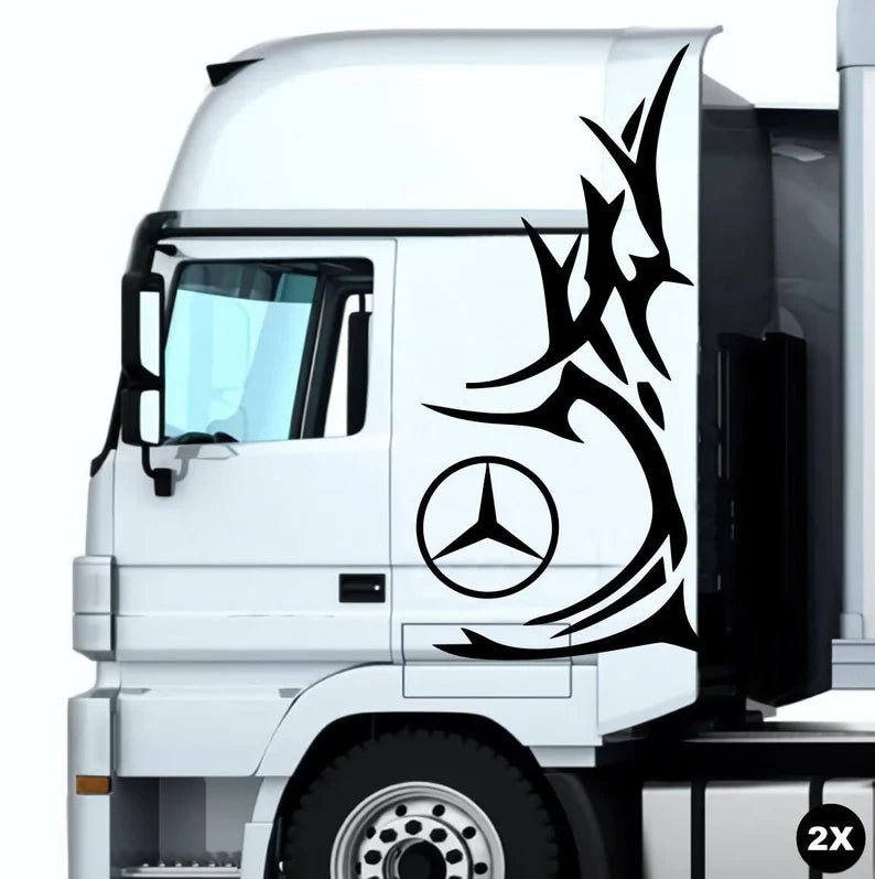 Set 2 Pcs Mercedes Corner Sides Decal Sticker | Premium Kit Mercedes Logo Tribal Style Sticker for Both Sides Big Trucks, Van Adhesives