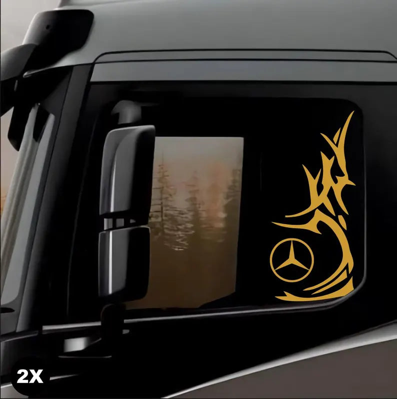 Set 2 Pcs Mercedes Corner Sides Decal Sticker | Premium Kit Mercedes Logo Tribal Style Sticker for Both Sides Big Trucks, Van Adhesives