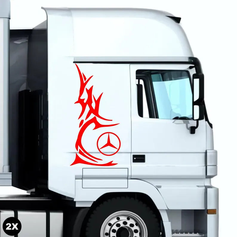 Set 2 Pcs Mercedes Corner Sides Decal Sticker | Premium Kit Mercedes Logo Tribal Style Sticker for Both Sides Big Trucks, Van Adhesives
