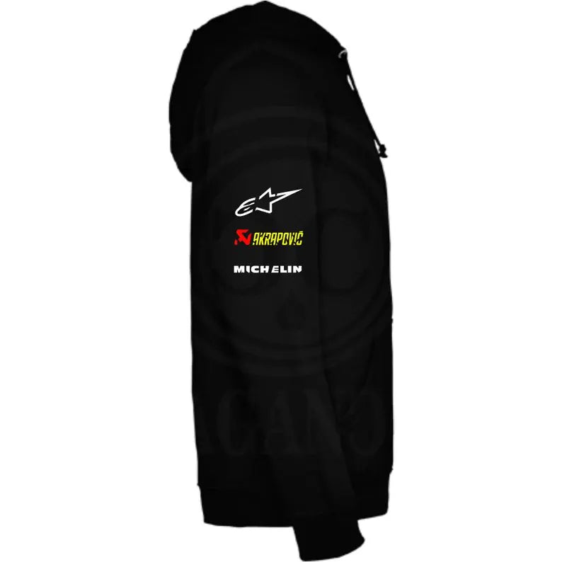 Black hoodie with kangaroo pocket, printed logos, and optional personalized name for bikers. Model HD.1