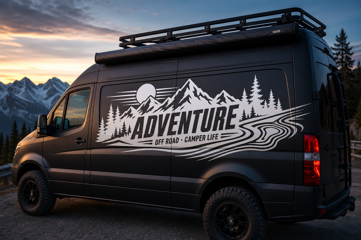 Set 2 Pcs Car Van Mountains Landscape Trees and River Graphics Both Sides Stripes Decal. Forest Van Car Camper Bus Trailer Camping adhesives