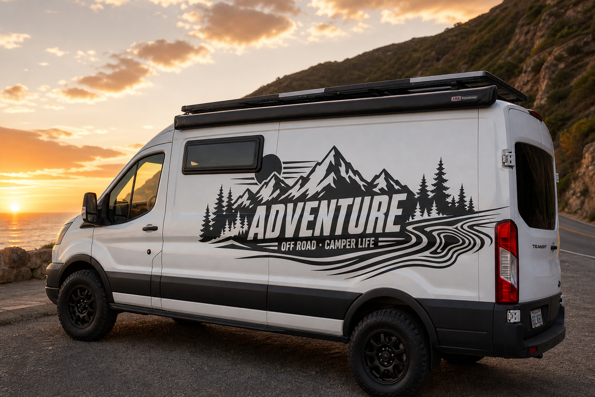 Set 2 Pcs Car Van Mountains Landscape Trees and River Graphics Both Sides Stripes Decal. Forest Van Car Camper Bus Trailer Camping adhesives
