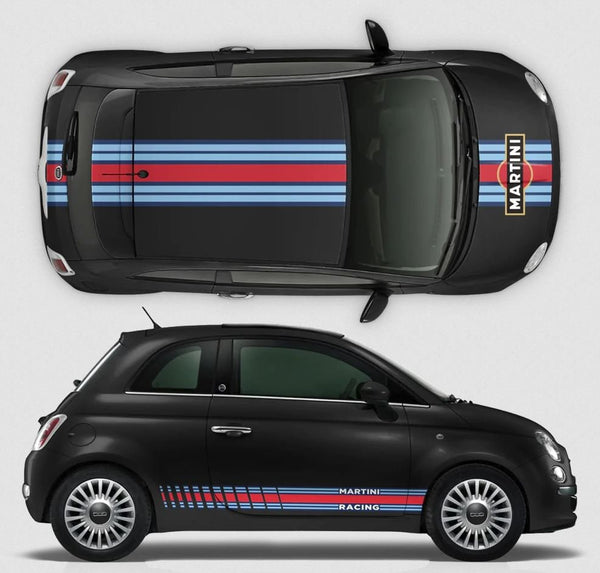 Martini Racing Stripes Set für den italienischen Fiat 500 – selbstklebende grafische Autoaufkleber aus Vinyl