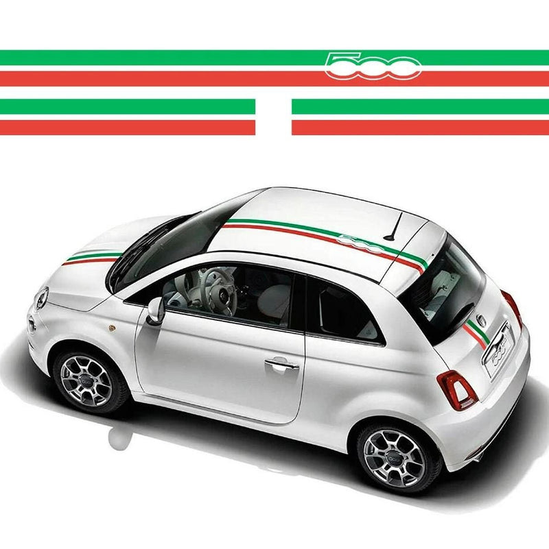 Set Fiat 500 Autoflaggen-Dach- und Motorhaubenstreifen. Grafische Autoaufkleber