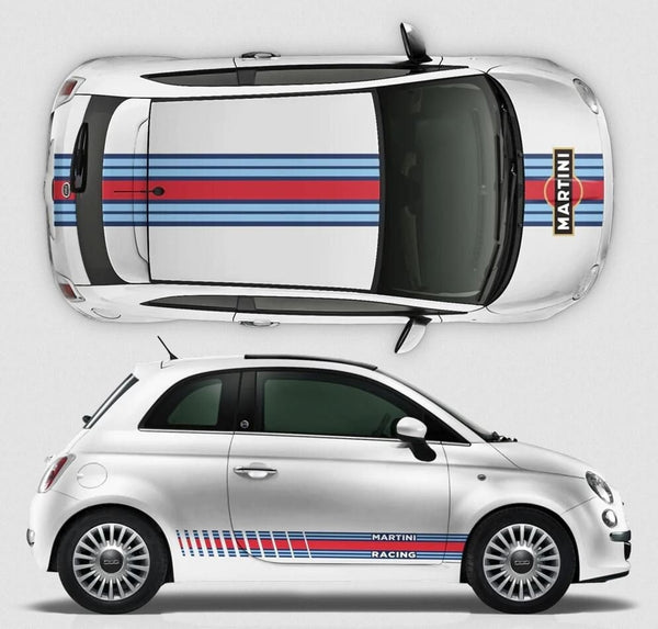 Martini Racing Stripes Set für den italienischen Fiat 500 – selbstklebende grafische Autoaufkleber aus Vinyl