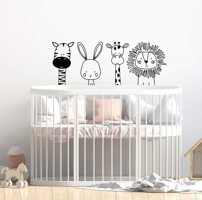 Kit 4 Stück niedlicher Zebra-Kaninchen-Giraffe-Löwe-Vinyl-Wandaufkleber | Stellen Sie niedliches modernes Design für Tierliebhaber ein